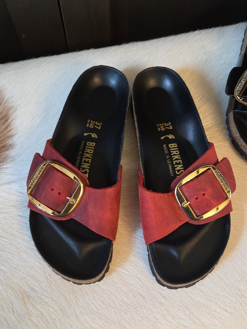 Birkenstock Red Suede Big Buckle Madrid Slide Sandals